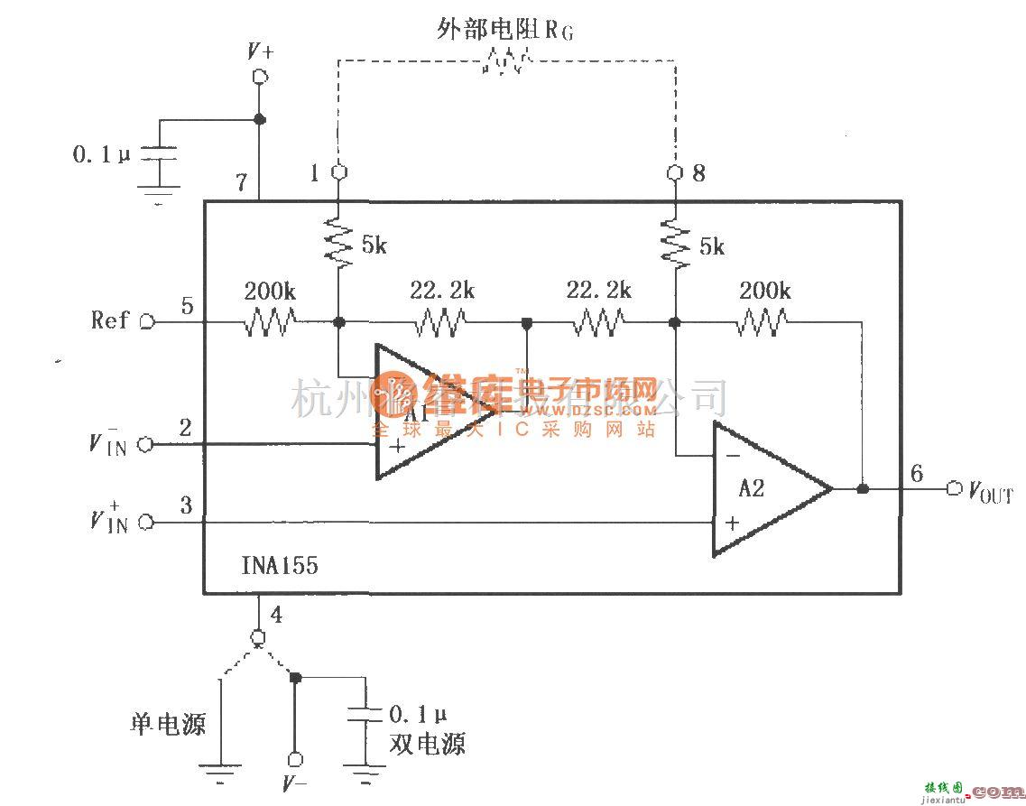 仪表放大器中的INA155／156信号和电源的基本连接电路  第1张