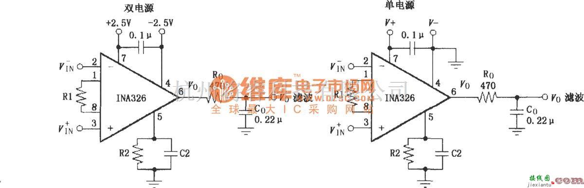 仪表放大器中的INA326／327的信号和电源的基本连接电路  第1张