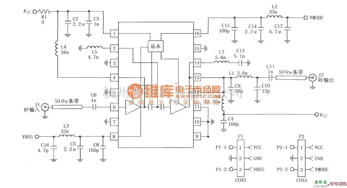 射频放大器中的由RF2175构成的380MHz线性放大器电路  第1张