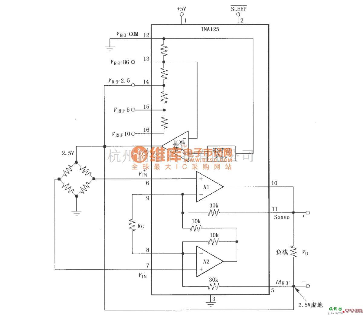 仪表放大器中的由INA125构成的5V单电源虚地输出电桥测量电路  第1张