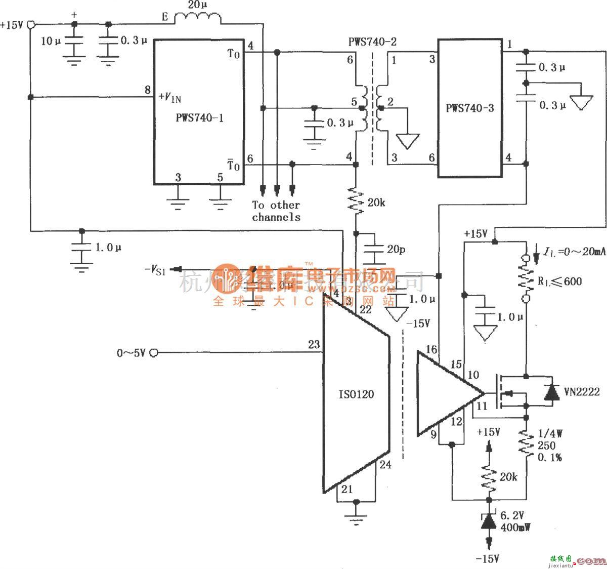 耦合隔离放大中的由ISO120与PWS740构成的八通道隔离式0～20mA电流环电路  第1张