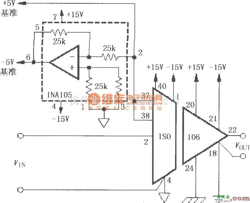 耦合隔离放大中的由ISO106构成的具有隔离双极性输入基准的隔离放大电路  第1张