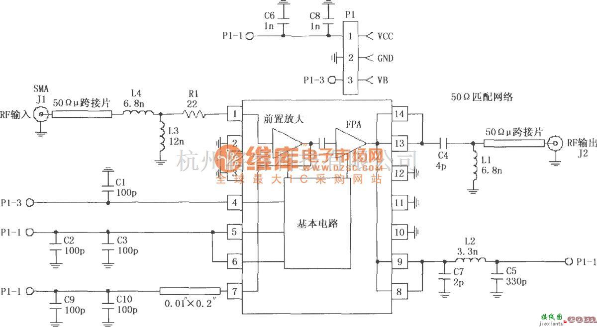 射频放大器中的由RF2103P构成的915MHz射频放大器的电路  第1张