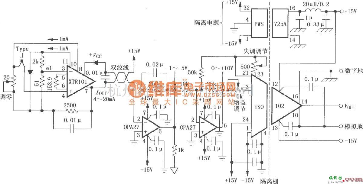 耦合隔离放大中的具有冷端补偿的远程隔离式热电偶变送电路(ISO102、XTR101)  第1张