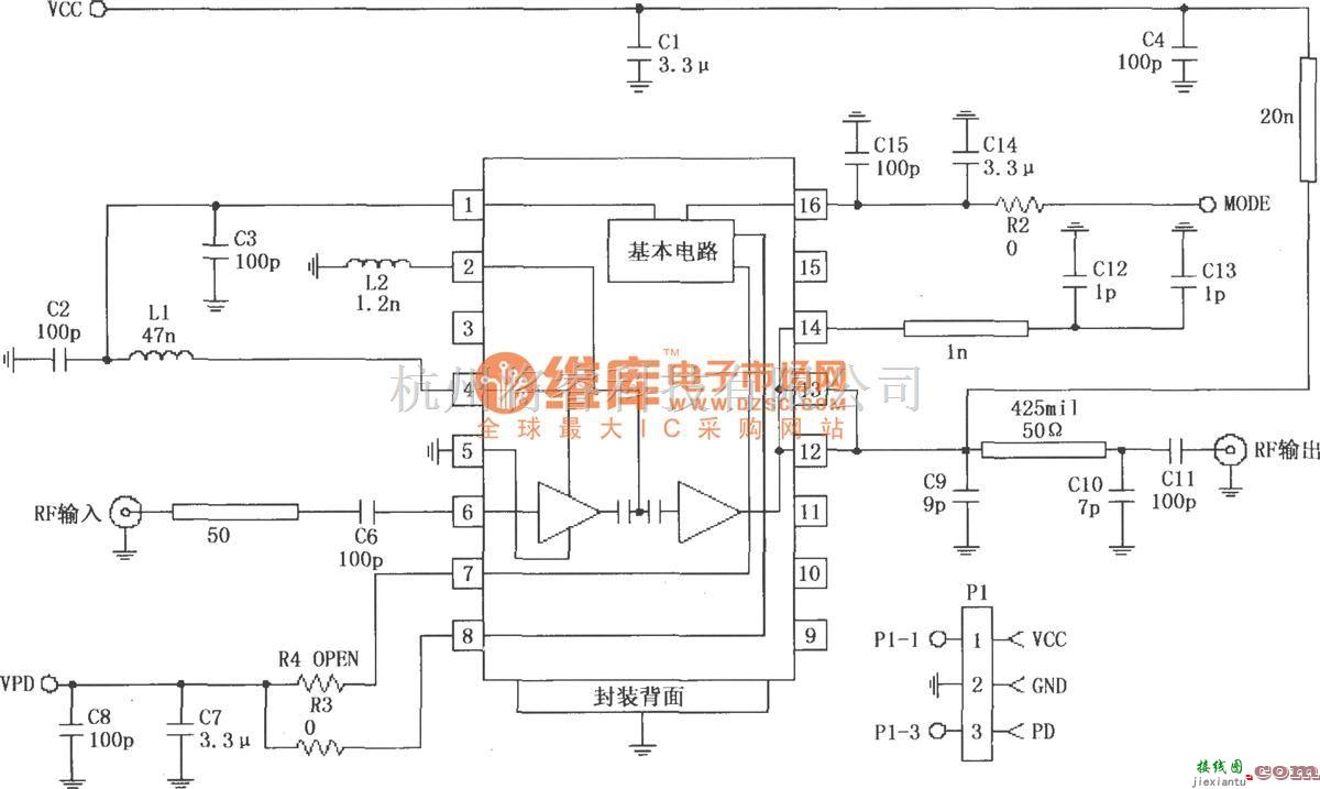 射频放大器中的由RF2152构成的824～849MHz功率放大电路  第1张