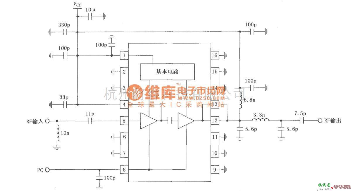 射频放大器中的由RF2104构成的830MHz中功率放大器原理电路  第1张