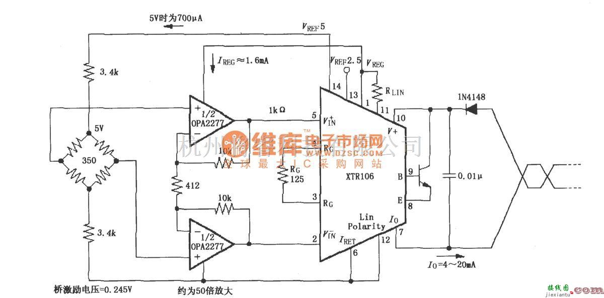 电流环放大中的具有50倍预放大的电桥电路(XTR106)  第1张