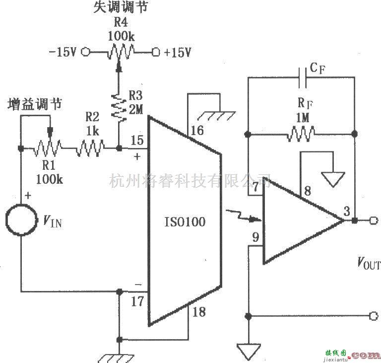 耦合隔离放大中的由ISO100构成的具有失调调节的单极性隔离测试仪表放大电路  第1张