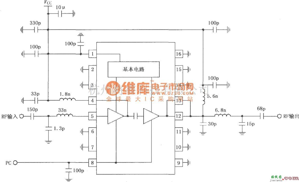 射频放大器中的由RF2104构成的420MHz中功率放大器原理电路  第1张