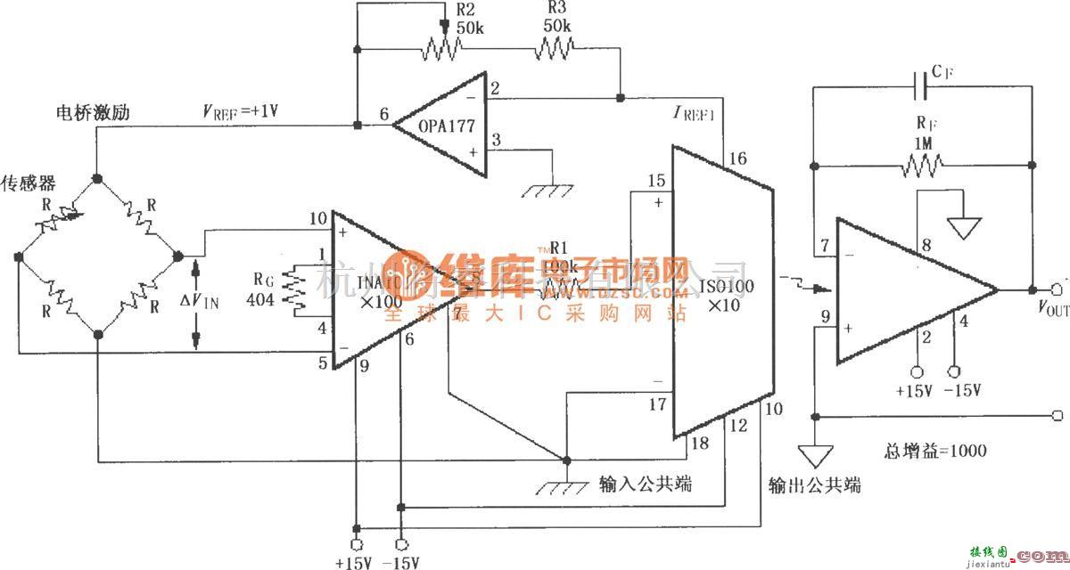 耦合隔离放大中的由ISO100构成的单极性精密电桥隔离放大电路  第1张