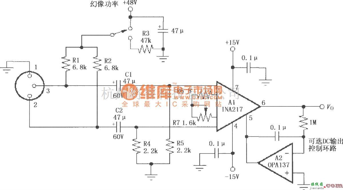 仪表放大器中的由INA217构成的专业级微型话筒(麦克风)前置放大典型电路  第1张