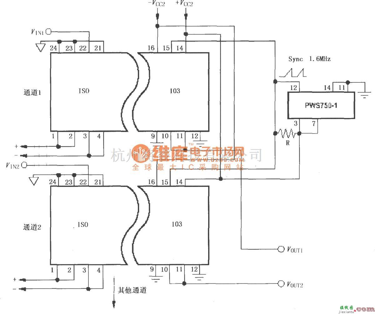 耦合隔离放大中的由ISO103与PWS750-1构成的多通道同步隔离电路  第1张