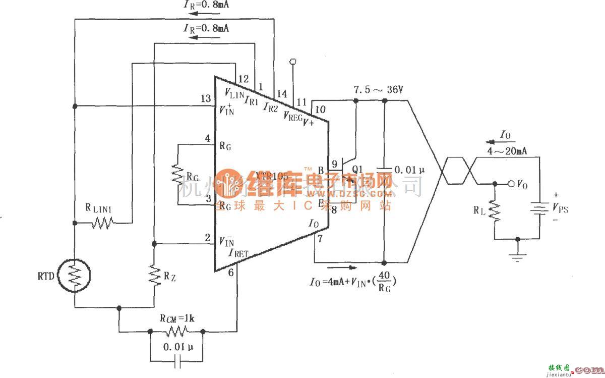 电流环放大中的具有线性化的两线RTD温度测量电路(XTR105)  第1张