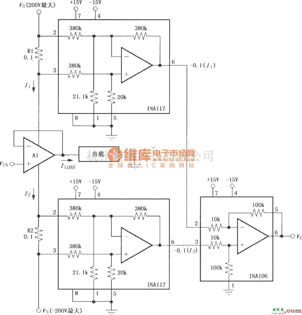 仪表放大器中的利用INA117组成的负载电流测量放大器  第1张