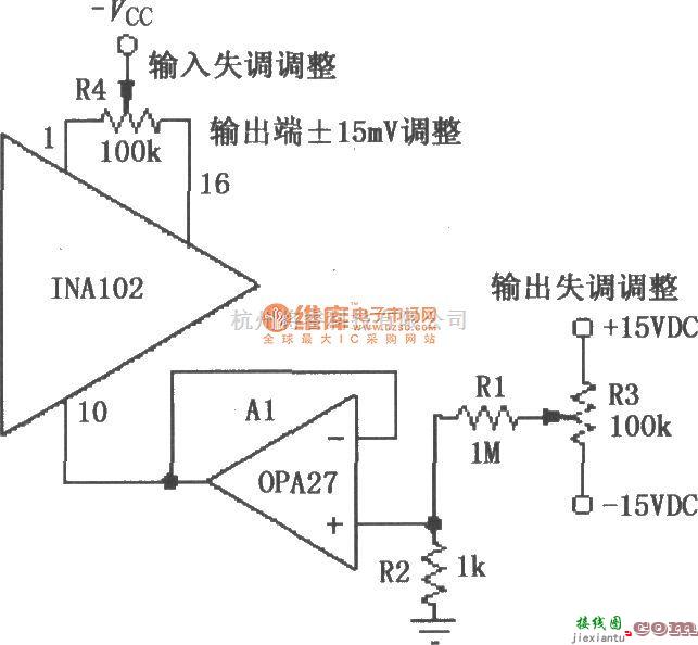 仪表放大器中的INA102微调输入和输出失调电压电路  第1张