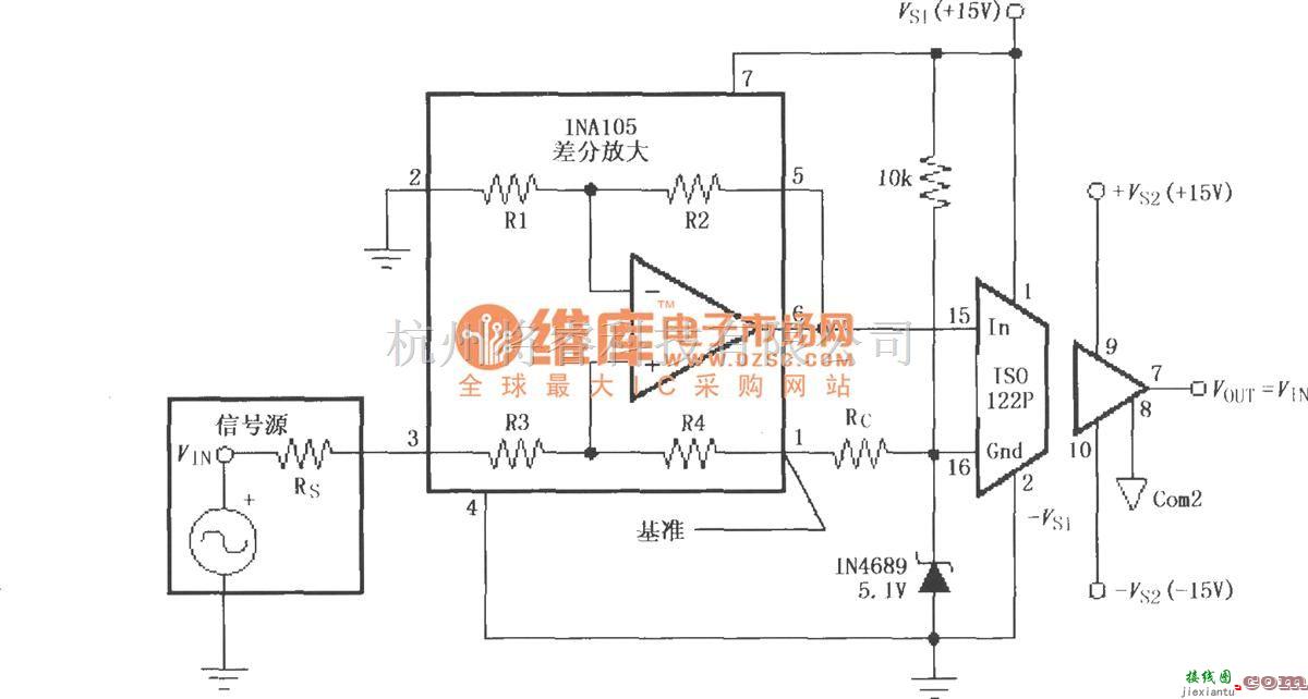 耦合隔离放大中的ISO122P／124的单电源工作电路  第1张