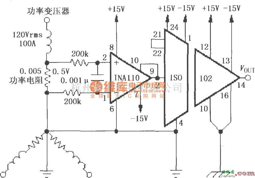 耦合隔离放大中的由ISO102构成的隔离式电源线监控电路  第1张