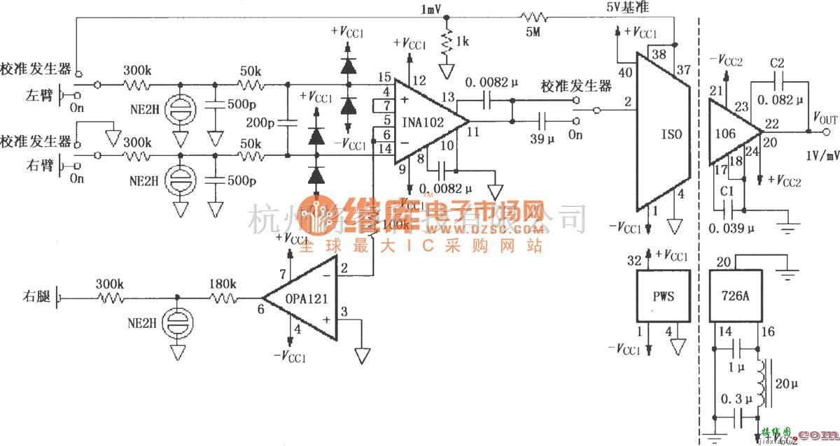 耦合隔离放大中的具有电击除颤器保护和校准器的右腿驱动EGC放大电路(ISO106、INA102)  第1张