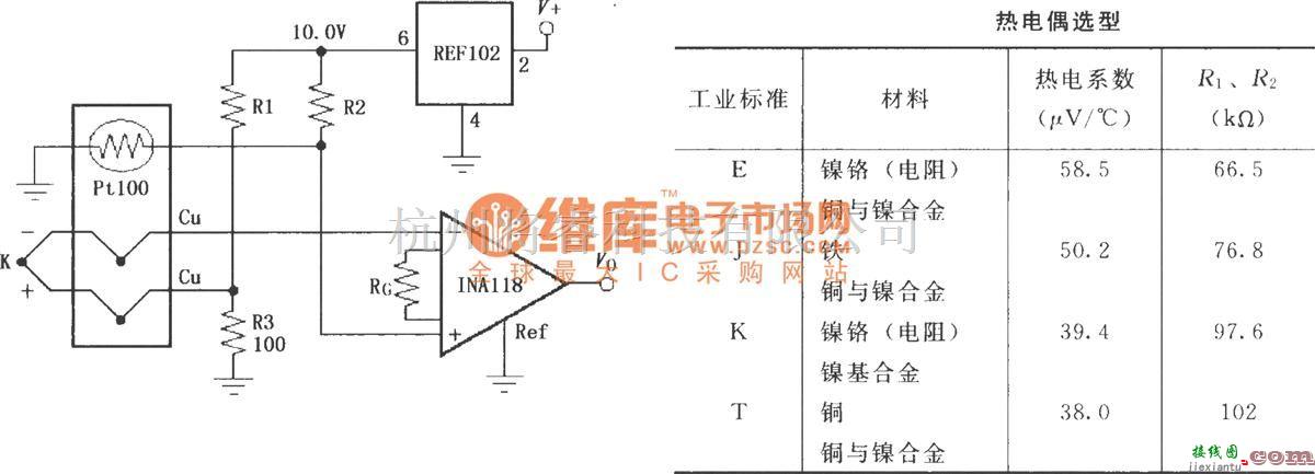 仪表放大器中的由INA118构成的有冷端补偿的热电偶放大器  第1张