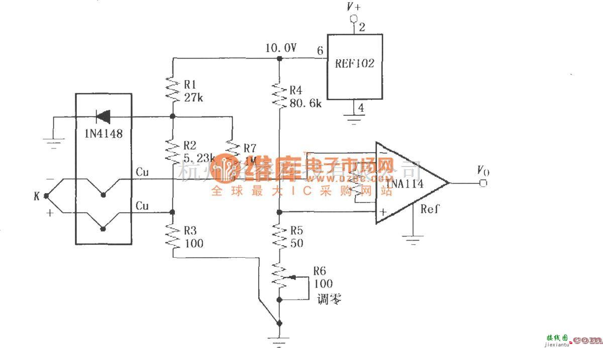 仪表放大器中的具有冷端补偿的热电偶放大电路(INA114)  第1张