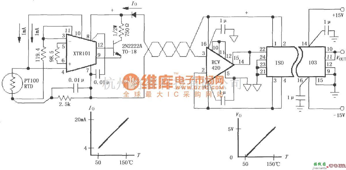 耦合隔离放大中的由ISO103与XTRl01构成的隔离式4～20mA仪器环路电路  第1张