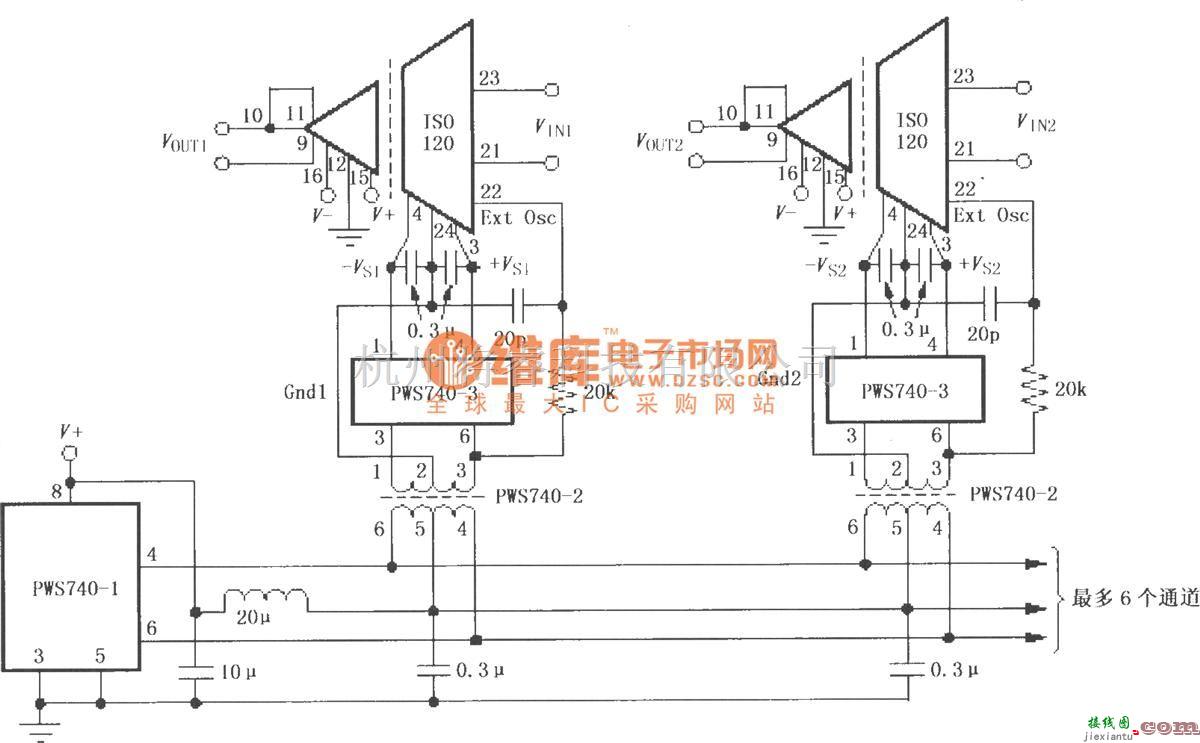 耦合隔离放大中的由ISO120与PWS740构成的多通道同步隔离系统  第1张