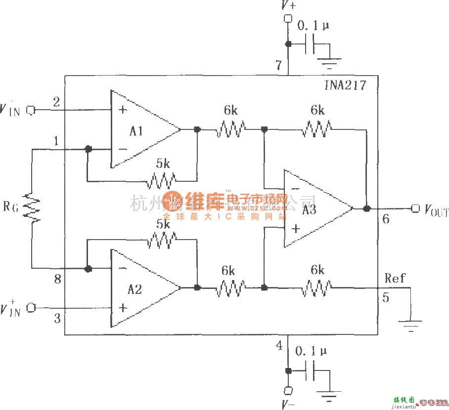 仪表放大器中的INA217信号和电源的基本连接电路  第1张