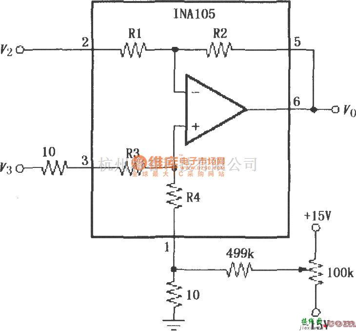 仪表放大器中的INA105可微调失调电压电路  第1张