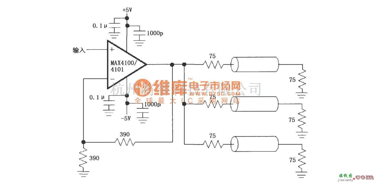 宽带放大中的由MAX4100／4101构成的视频／射频分配放大电路  第1张