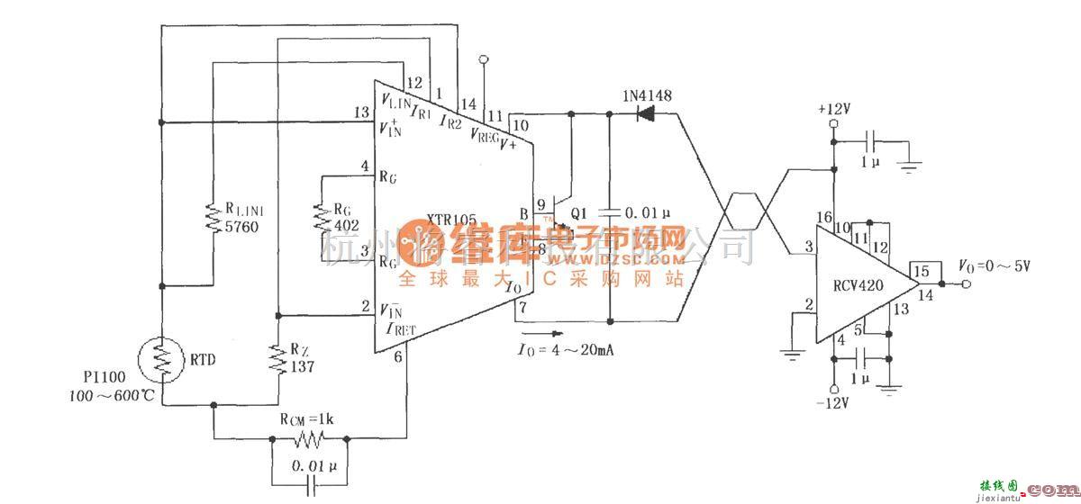 电流环放大中的XTR105、RCV420组成的±12V供电的发送／接收环电路  第1张