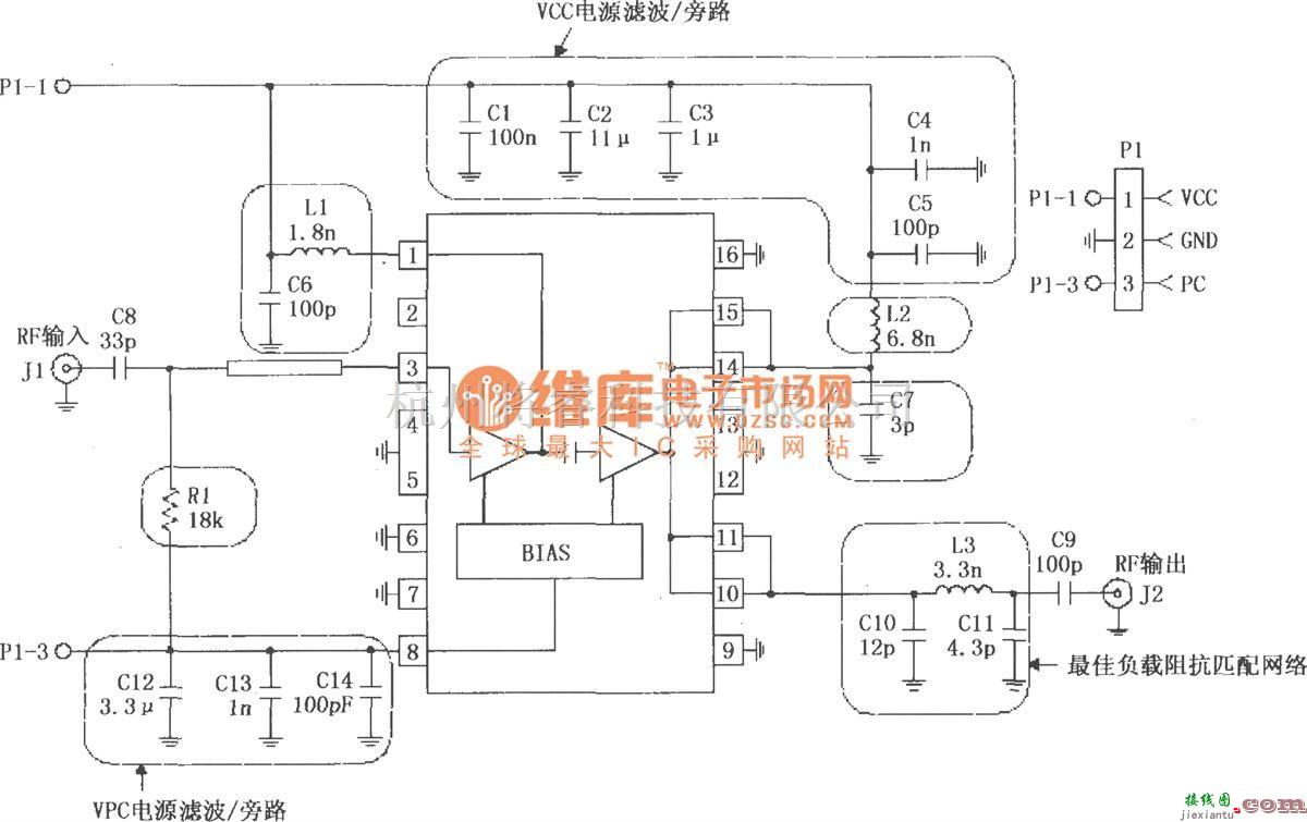 射频放大器中的由RF2132构成的线性功率放大器电路  第1张