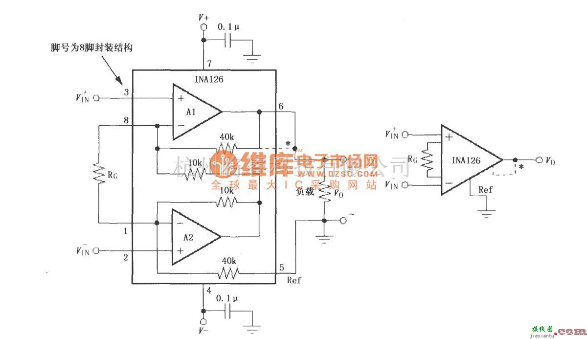 仪表放大器中的INA126信号和电源的基本连接电路  第1张