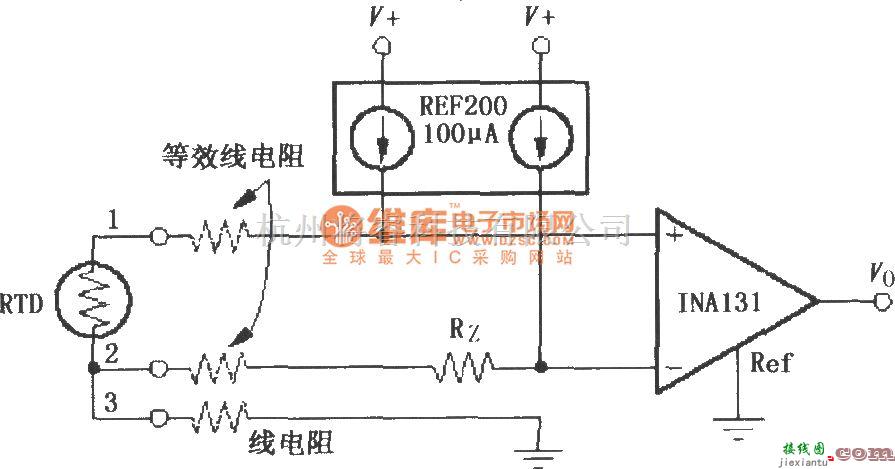 仪表放大器中的由INA131构成的RTD温度测量电路  第1张