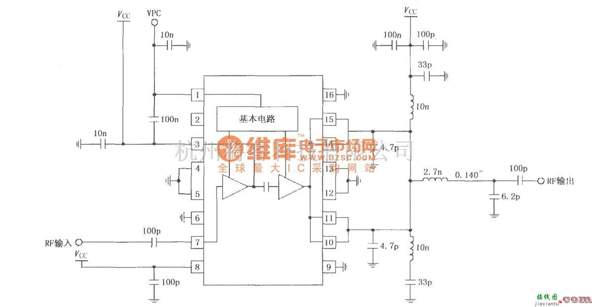 射频放大器中的RF2131在4.0～4.8V电源供电时获得最佳功率和效率放大器电路  第1张