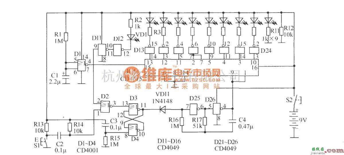 LED电路中的人体反应速度测试器  第1张