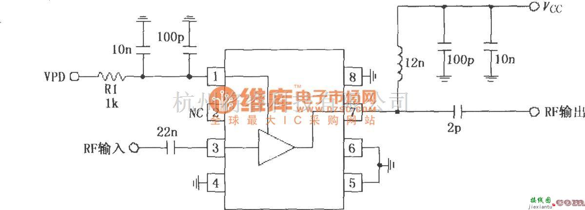 射频放大器中的由RF2347构成的880MHz低噪声放大器应用电路  第1张