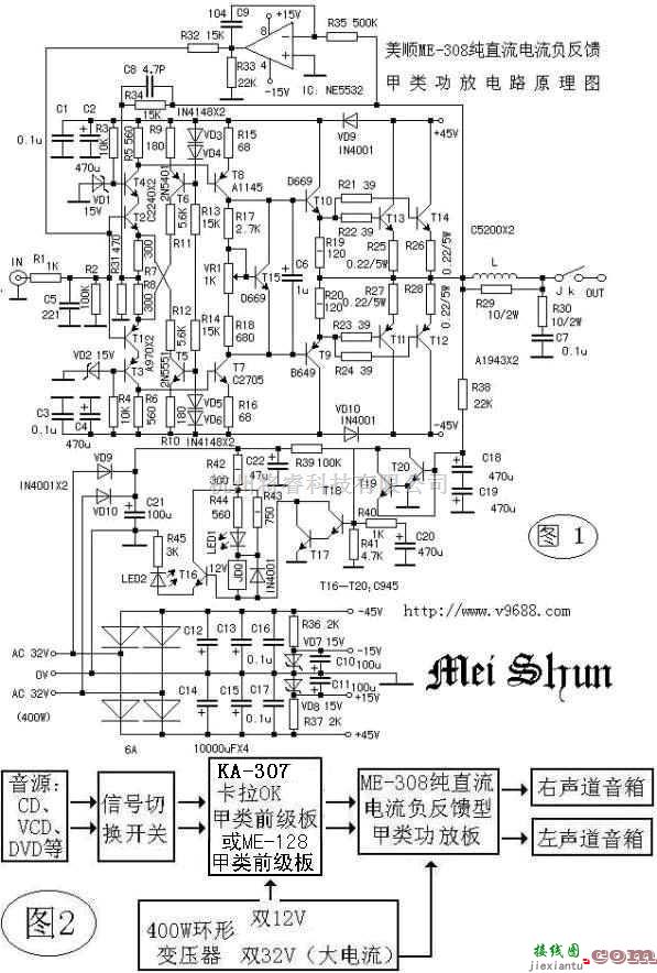 分立元件放大中的美顺ME-308纯直流电流负反馈型甲类功放  第1张