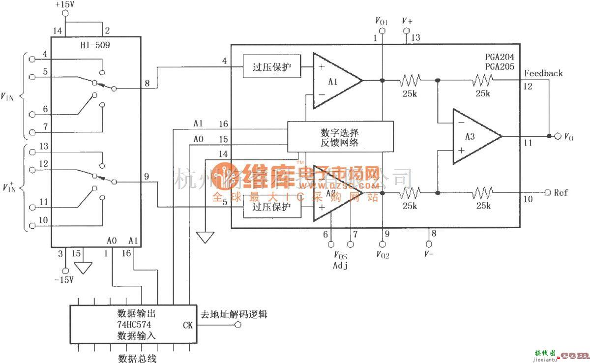 增益可调放大中的多路输入可编程增益放大电路(PGA204/205)  第1张