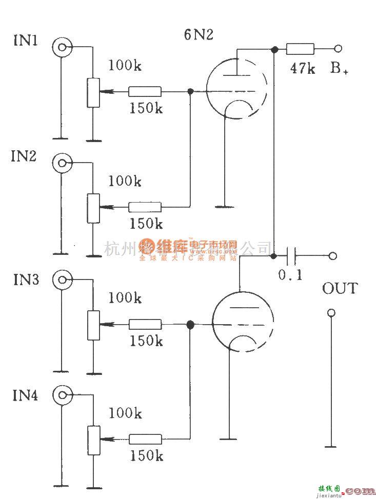 电子管功放中的电子管单级多路通过电阻耦合—直接耦合混合的输入电路  第1张