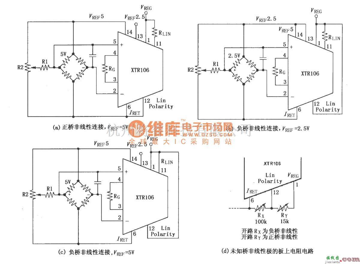 电流环放大中的XTR106校正正(或负)电桥非线性的连接电路  第1张