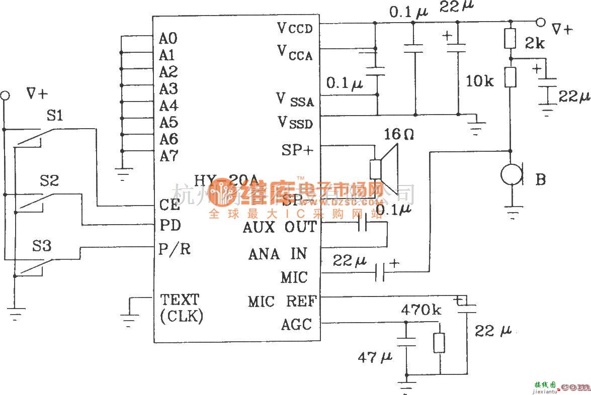 语音电路中的语音合成芯片HY-20A应用电路图  第2张