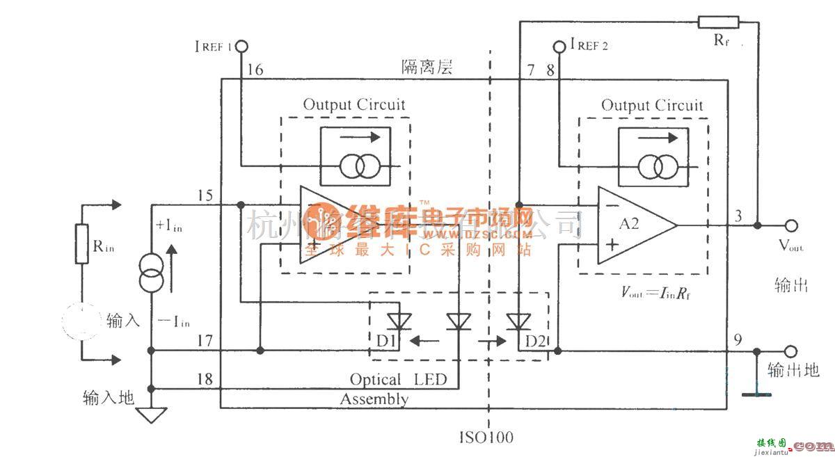 调节放大中的光电耦合线性隔离放大器IS0100接线电路  第1张