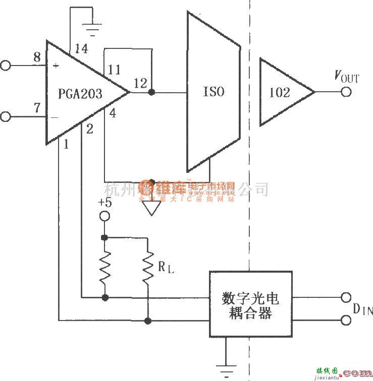 增益可调放大中的由PGA203与ISO102构成的隔离式可编程增益仪表放大器电路  第1张