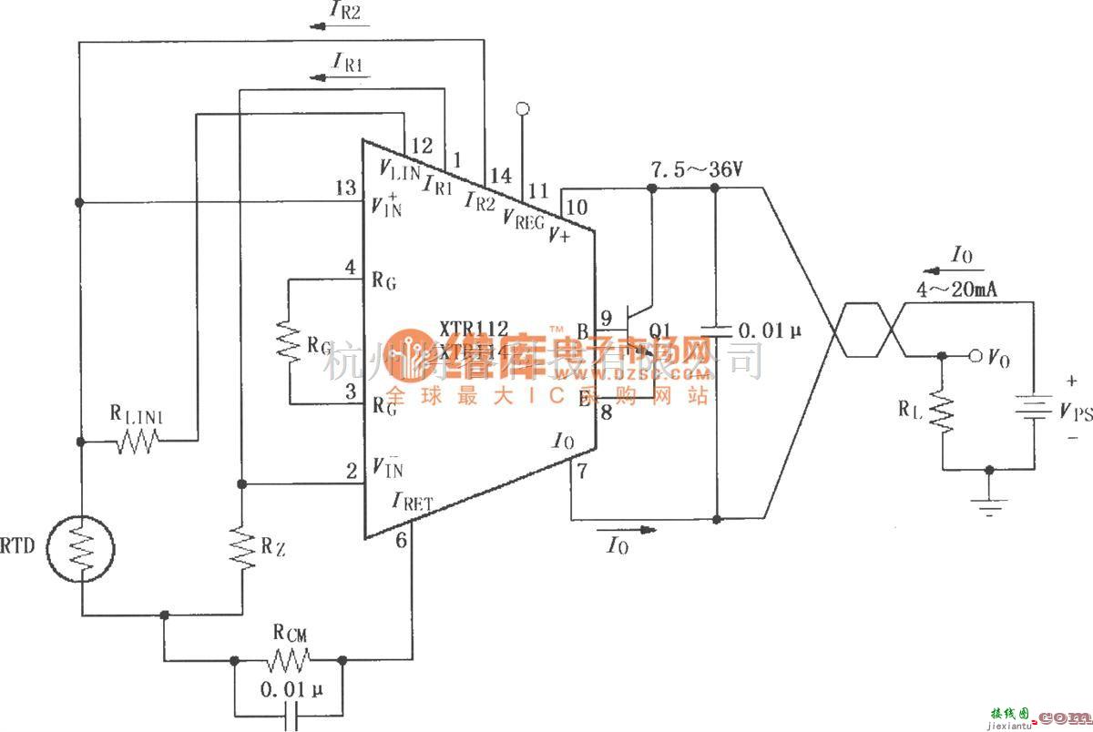 电流环放大中的XTR112/114基本两线RTD温度测量电路  第1张