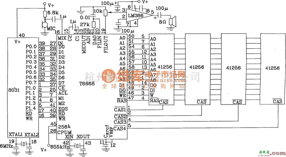 语音电路中的语音合成芯片T6668和单片机8031的接口电路图  第1张