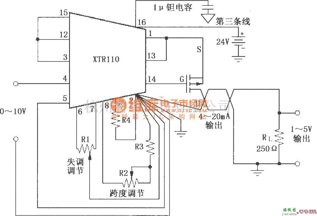 电流环放大中的XTR110失调与跨度调节电路  第1张