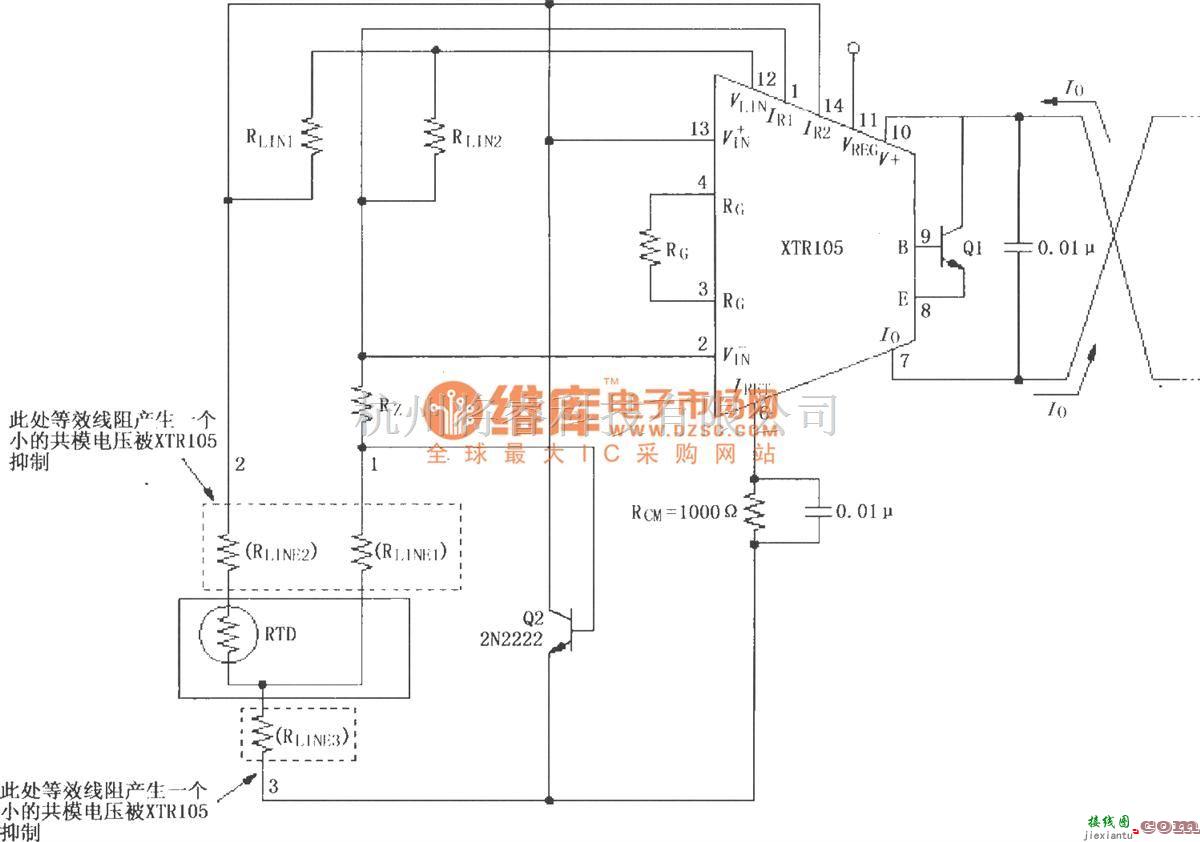 电流环放大中的XTR105远程RTDs探测三线连接电路  第1张