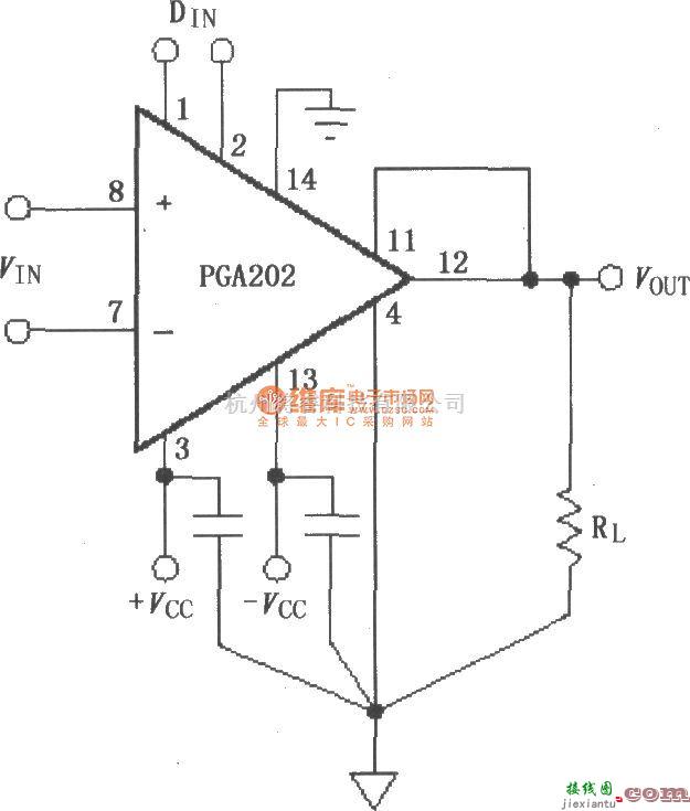增益可调放大中的PGA202信号和电源的基本连接电路  第1张