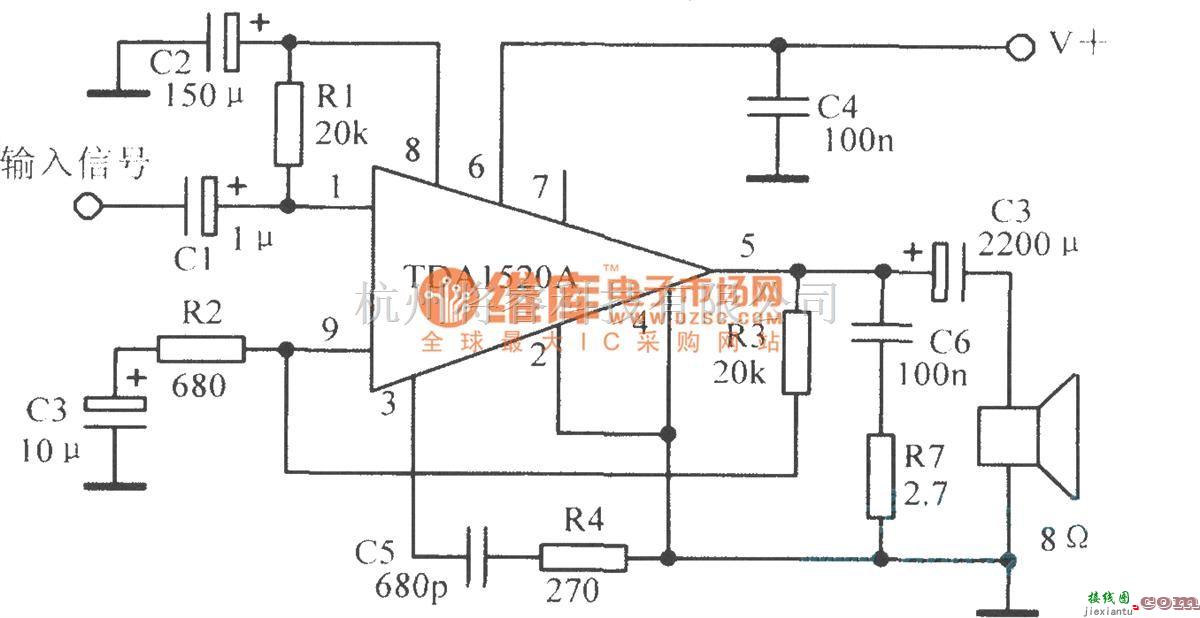 音频处理中的TDAl520A典型应用电路  第1张