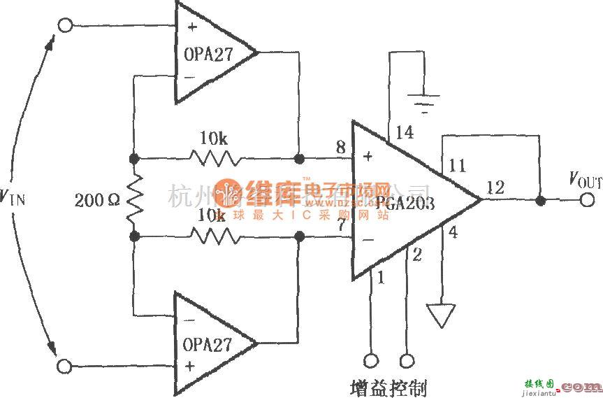 增益可调放大中的由PGA203与OPA27构成的低噪声差分放大器  第1张